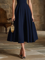 Elegant Old Money Navy Blue Eyelet Keyhole Neck Midi Flare Dress