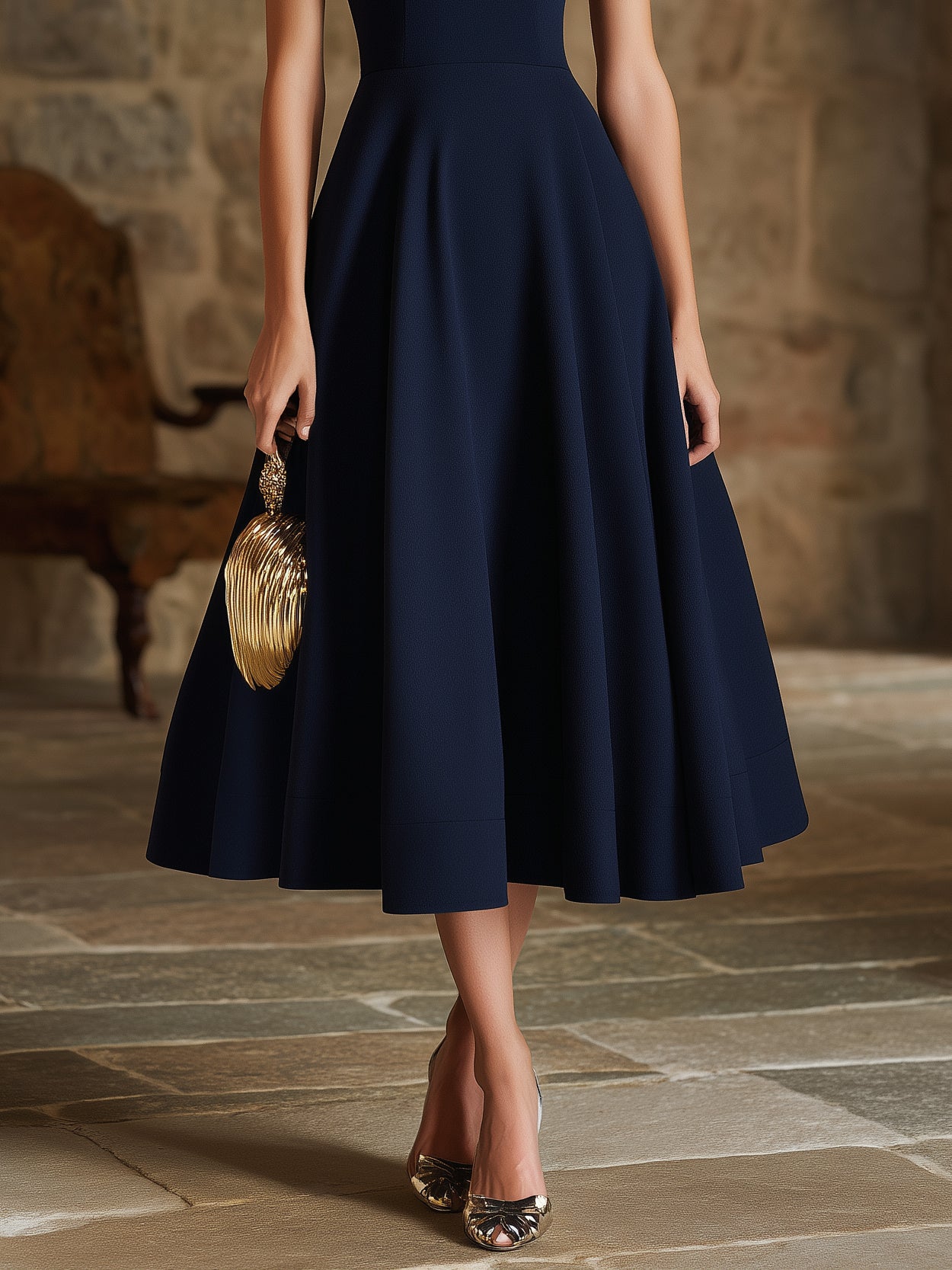 Elegant Old Money Navy Blue Eyelet Keyhole Neck Midi Flare Dress
