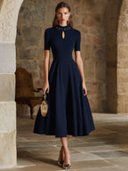 Elegant Old Money Navy Blue Eyelet Keyhole Neck Midi Flare Dress