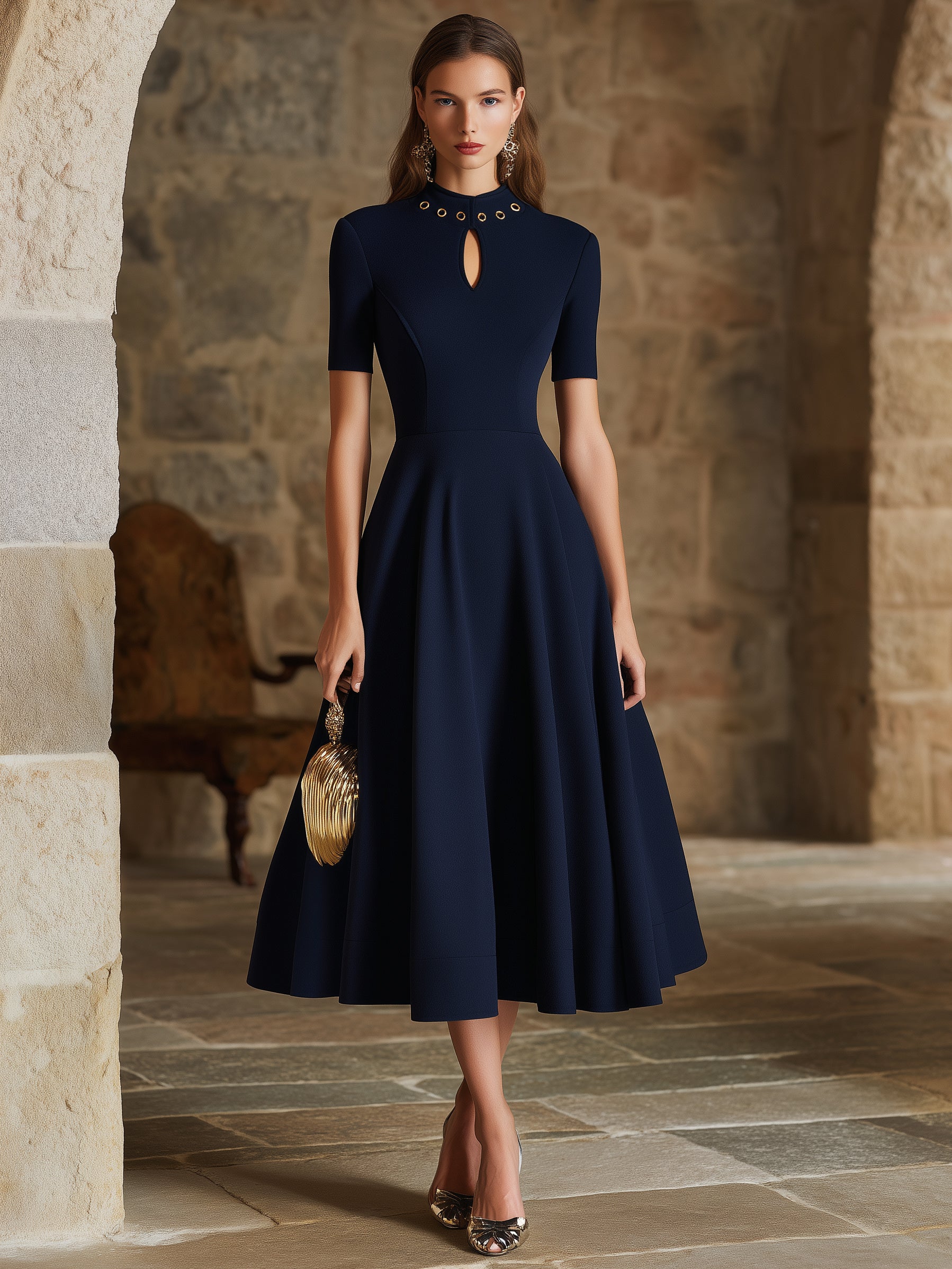 Elegant Old Money Navy Blue Eyelet Keyhole Neck Midi Flare Dress