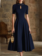 Elegant Old Money Navy Blue Eyelet Keyhole Neck Midi Flare Dress