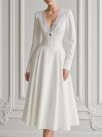 White Dress Lace Trim V-Neck A-Line Midi Dress