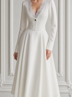 White Dress Lace Trim V-Neck A-Line Midi Dress