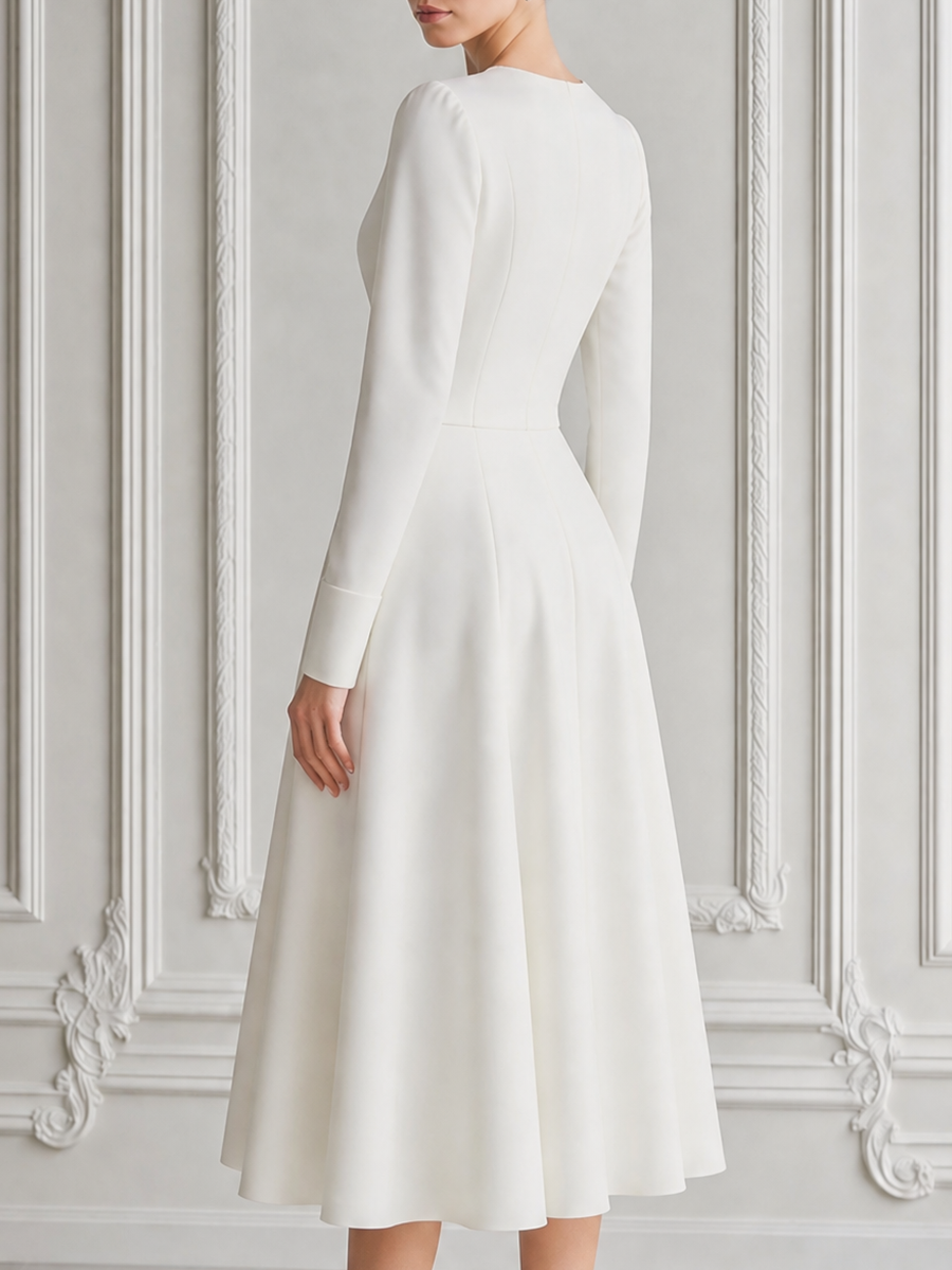 White Dress Lace Trim V-Neck A-Line Midi Dress