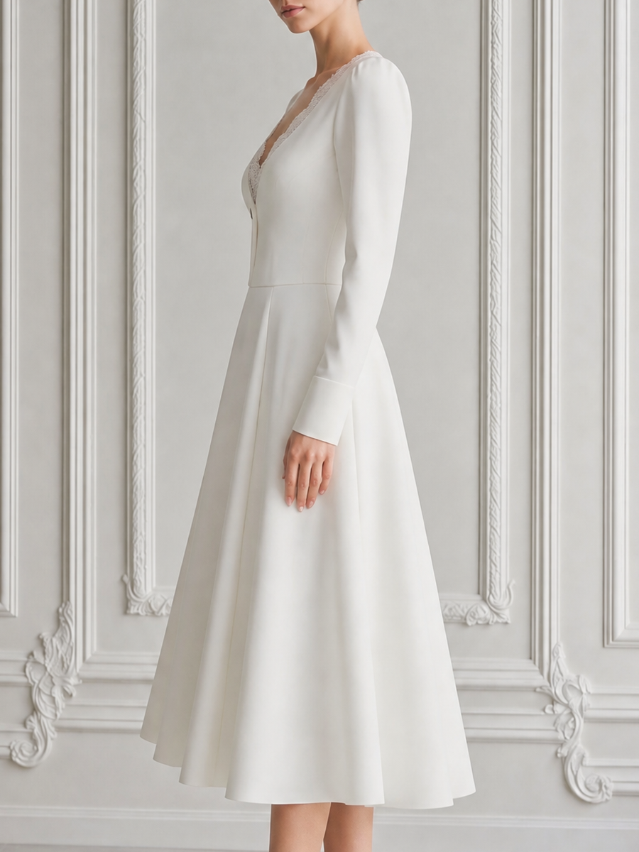 White Dress Lace Trim V-Neck A-Line Midi Dress
