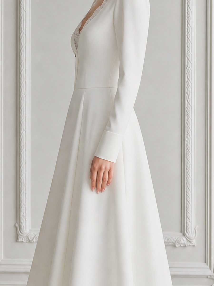 White Dress Lace Trim V-Neck A-Line Midi Dress