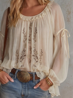 Romantic Boho Embroidered Sheer Balloon Sleeve Blouse Top