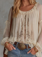 Romantic Boho Embroidered Sheer Balloon Sleeve Blouse Top