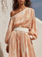 Mediterranean Vibe Peach Paisley Print Off Shoulder Maxi Dress