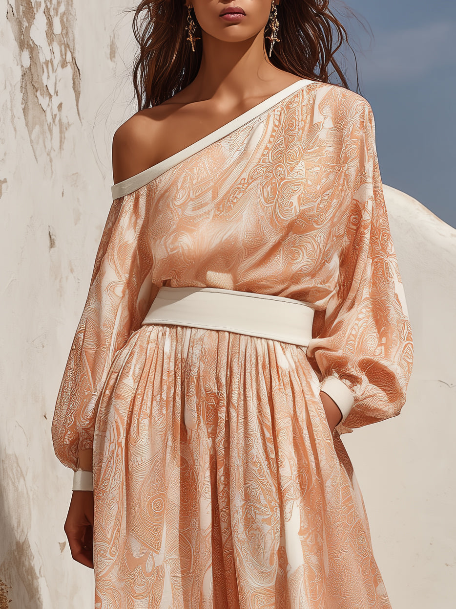 Mediterranean Vibe Peach Paisley Print Off Shoulder Maxi Dress