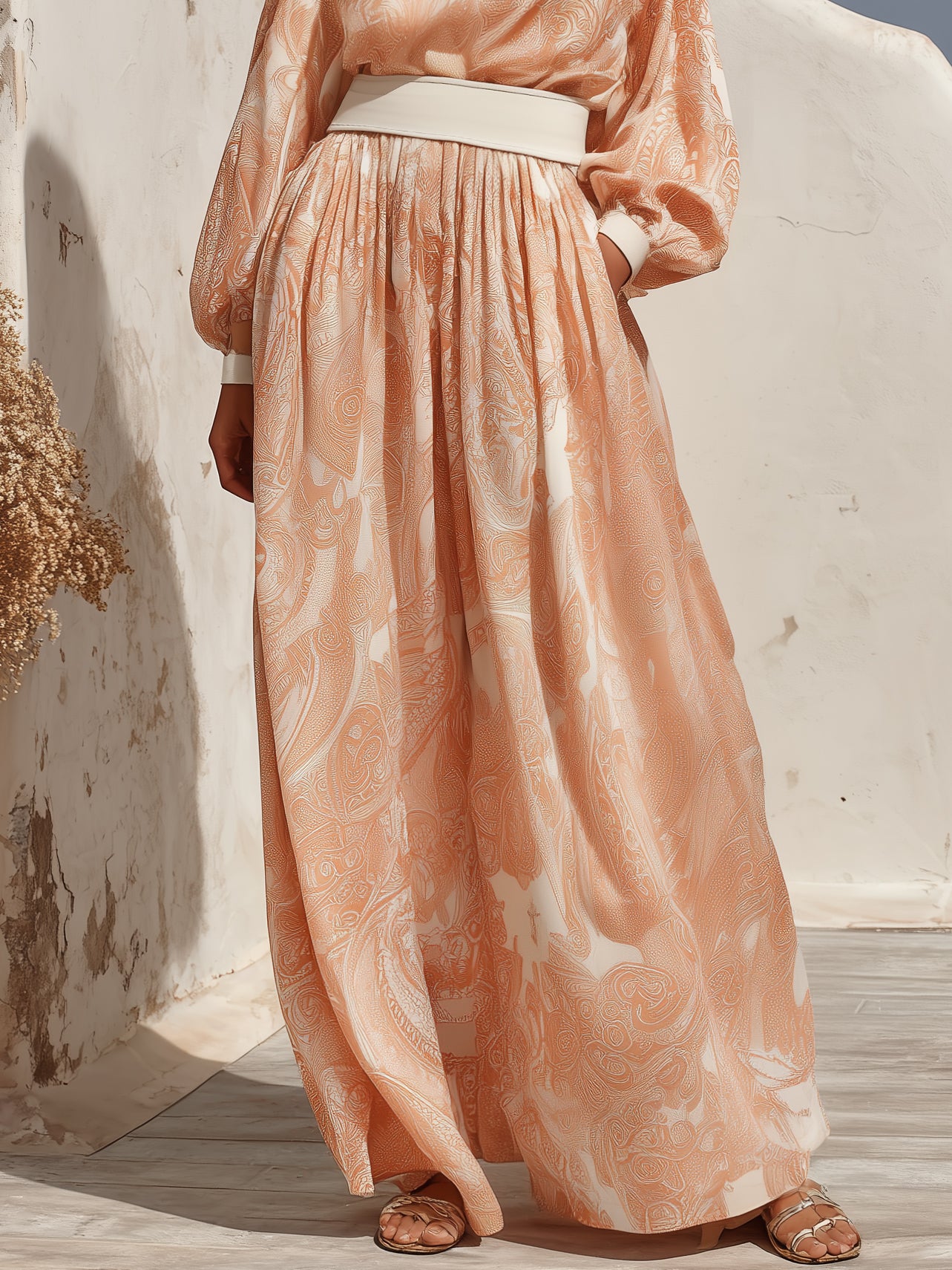 Mediterranean Vibe Peach Paisley Print Off Shoulder Maxi Dress
