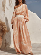 Mediterranean Vibe Peach Paisley Print Off Shoulder Maxi Dress