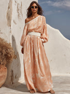 Mediterranean Vibe Peach Paisley Print Off Shoulder Maxi Dress