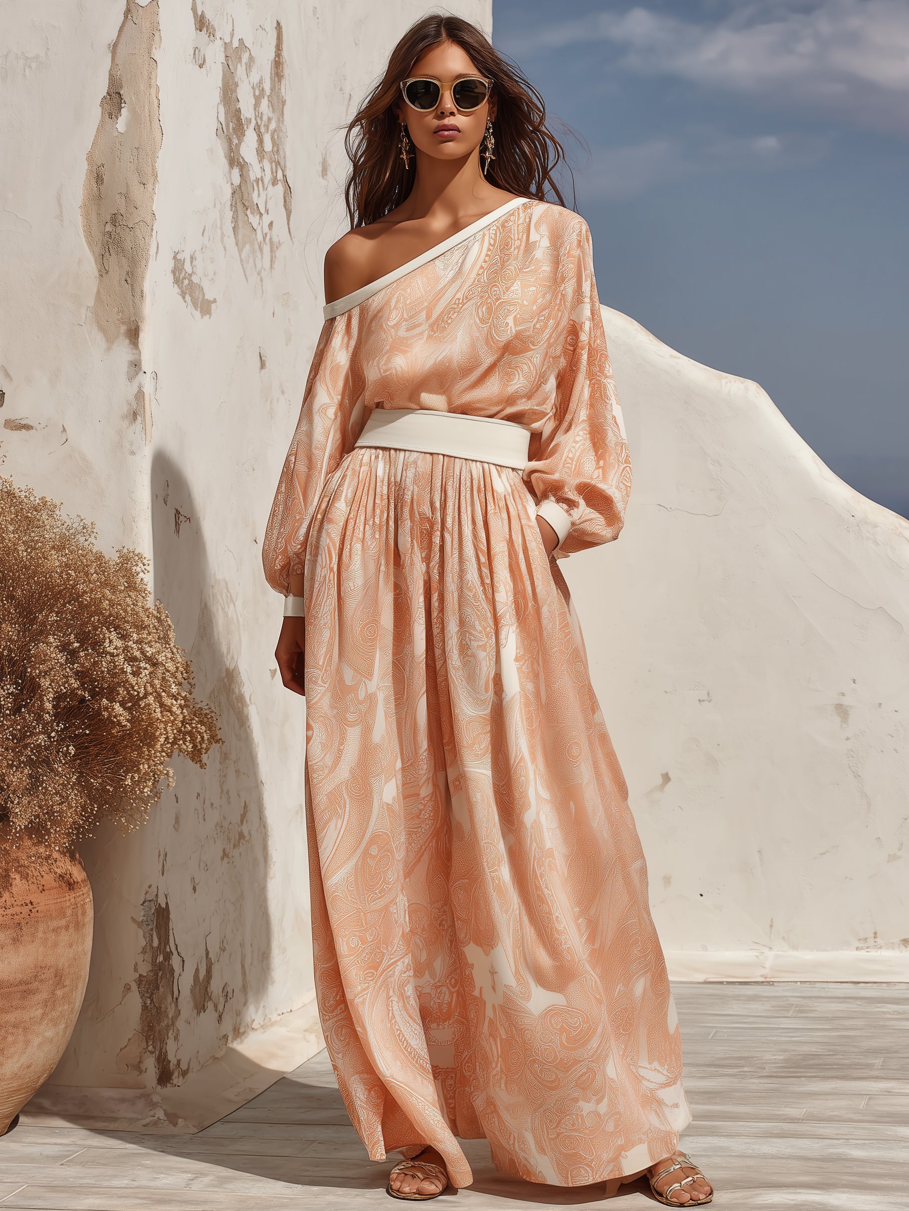 Mediterranean Vibe Peach Paisley Print Off Shoulder Maxi Dress