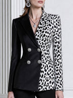 Leopard Print Colorblock Double-Breasted Blazer & Flared Pants Suit