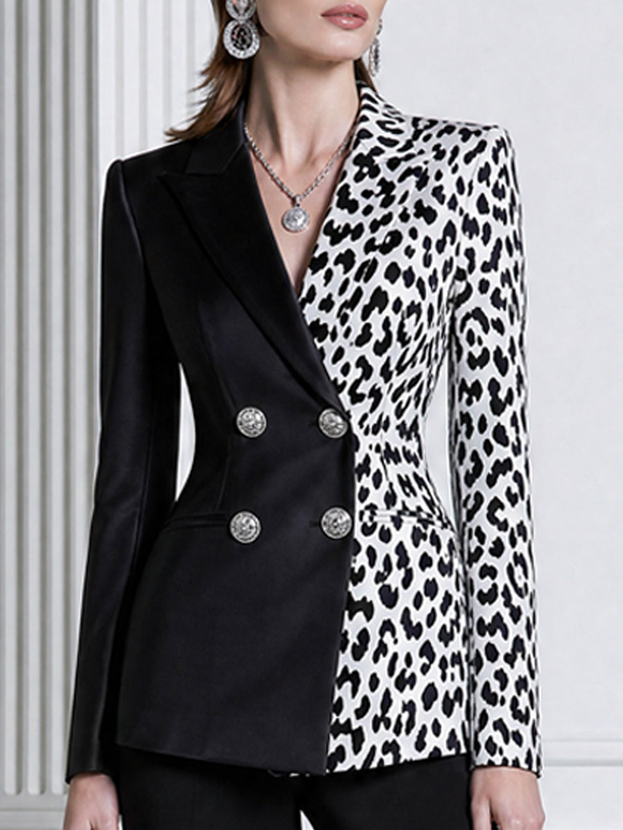 Leopard Print Colorblock Double-Breasted Blazer & Flared Pants Suit