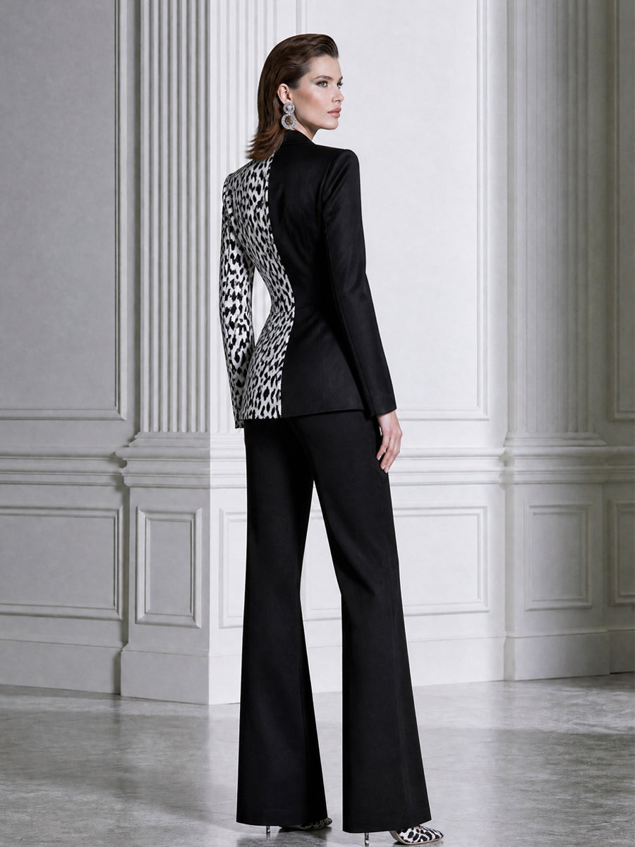 Leopard Print Colorblock Double-Breasted Blazer & Flared Pants Suit