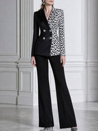 Leopard Print Colorblock Double-Breasted Blazer & Flared Pants Suit