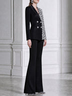 Leopard Print Colorblock Double-Breasted Blazer & Flared Pants Suit