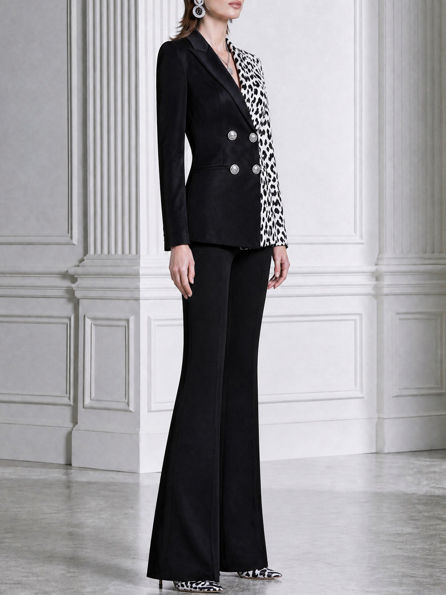 Leopard Print Colorblock Double-Breasted Blazer & Flared Pants Suit
