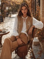 Desert Sand Embroidered Button-Front Linen-Blend Resort Tailored Vest