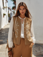 Desert Sand Embroidered Button-Front Linen-Blend Resort Tailored Vest