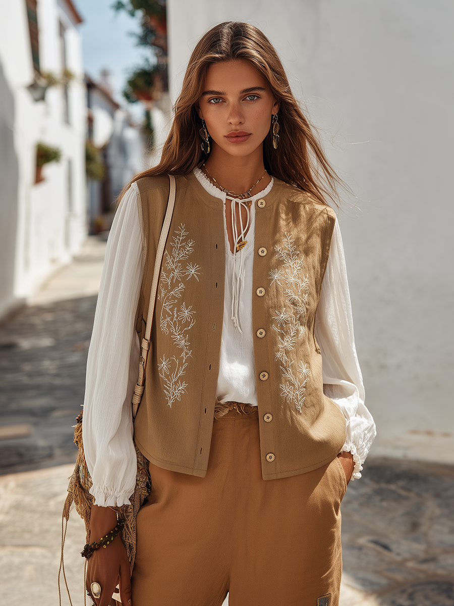 Desert Sand Embroidered Button-Front Linen-Blend Resort Tailored Vest