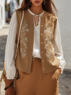 Desert Sand Embroidered Button-Front Linen-Blend Resort Tailored Vest