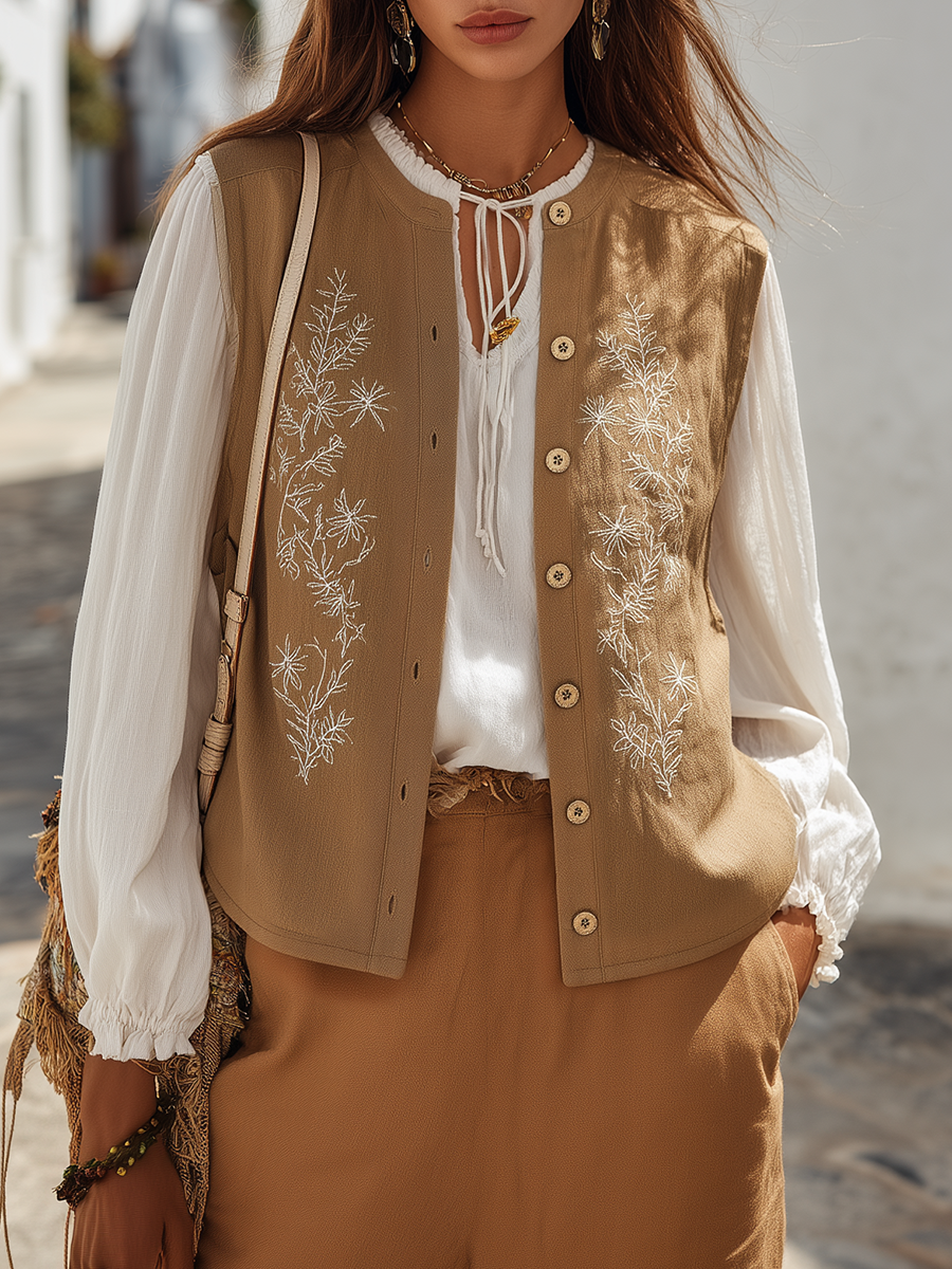 Desert Sand Embroidered Button-Front Linen-Blend Resort Tailored Vest