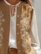 Desert Sand Embroidered Button-Front Linen-Blend Resort Tailored Vest
