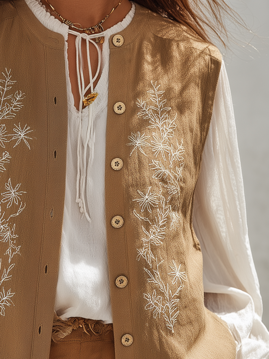 Desert Sand Embroidered Button-Front Linen-Blend Resort Tailored Vest