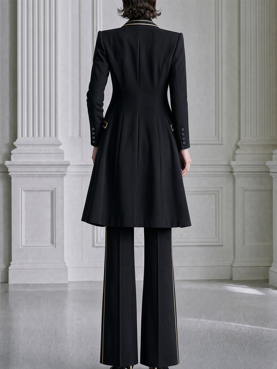 Gold-Piped Longline Blazer, Vest And Pants 3-Piece Set