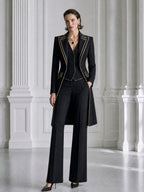 Gold-Piped Longline Blazer, Vest And Pants 3-Piece Set