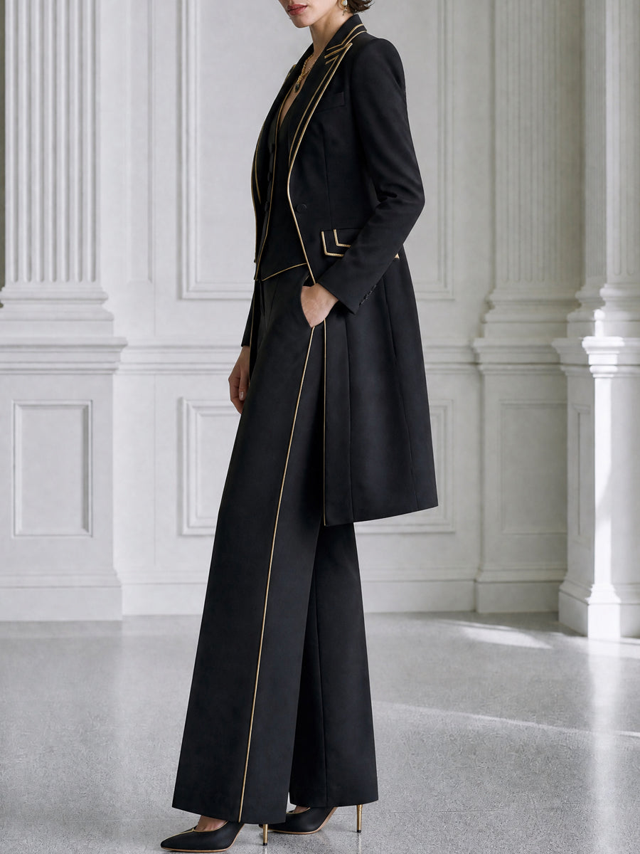 Gold-Piped Longline Blazer, Vest And Pants 3-Piece Set