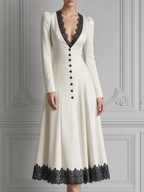 White Dress Black Lace Trim V-Neck Button Front A-Line Midi Dress