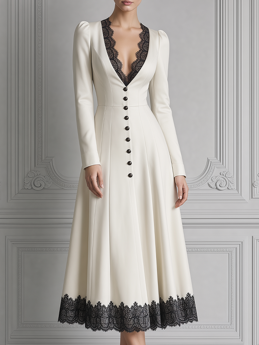 White Dress Black Lace Trim V-Neck Button Front A-Line Midi Dress