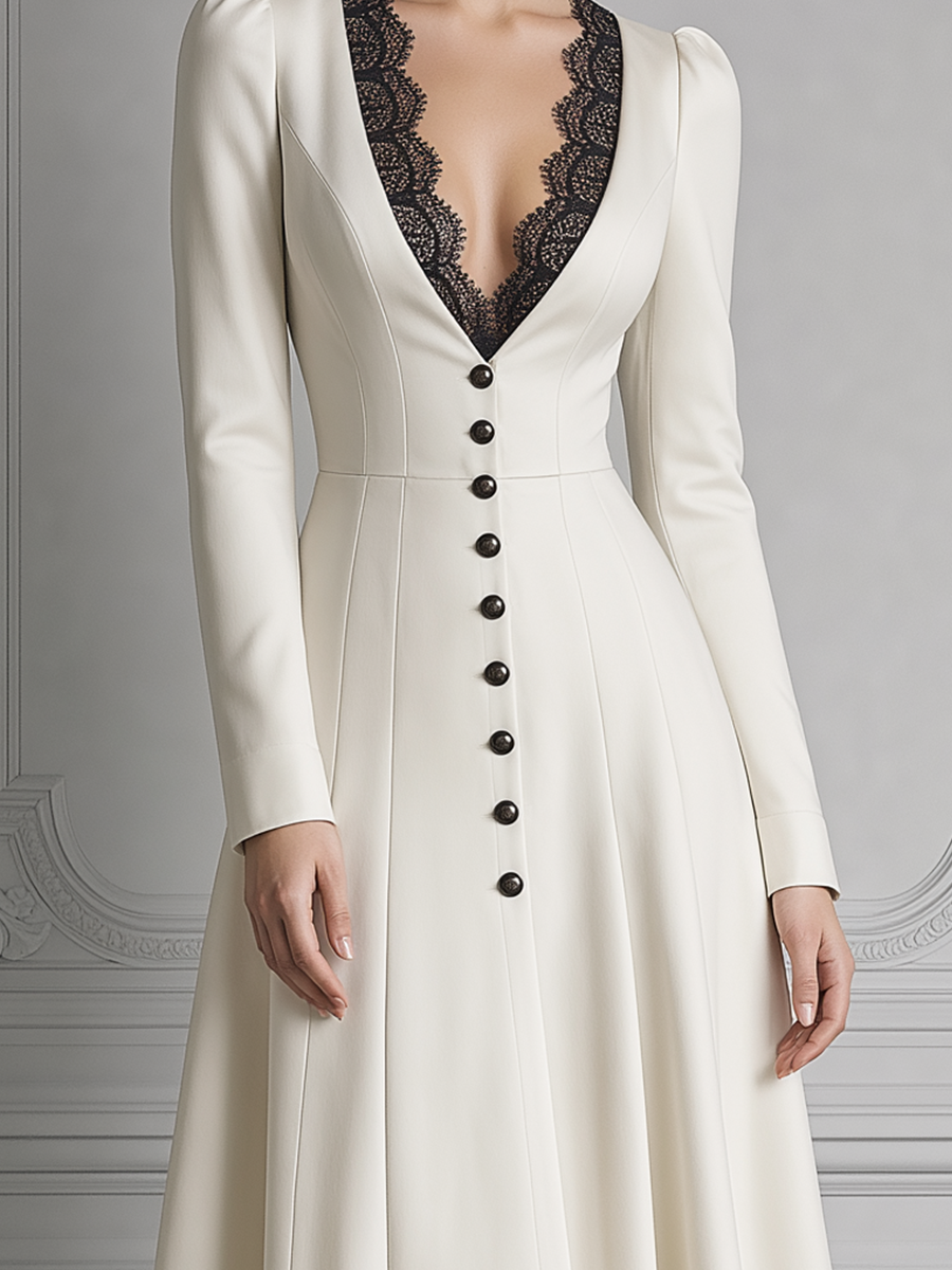 White Dress Black Lace Trim V-Neck Button Front A-Line Midi Dress