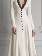 White Dress Black Lace Trim V-Neck Button Front A-Line Midi Dress