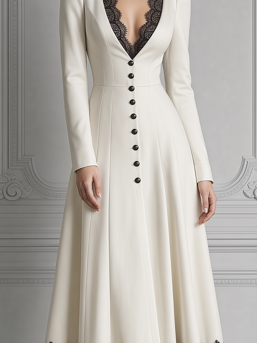 White Dress Black Lace Trim V-Neck Button Front A-Line Midi Dress