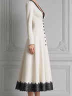 White Dress Black Lace Trim V-Neck Button Front A-Line Midi Dress