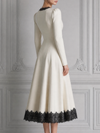 White Dress Black Lace Trim V-Neck Button Front A-Line Midi Dress
