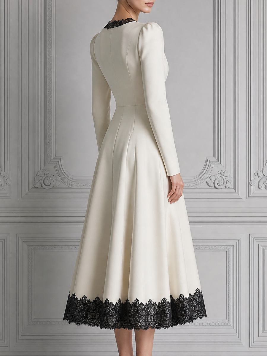 White Dress Black Lace Trim V-Neck Button Front A-Line Midi Dress