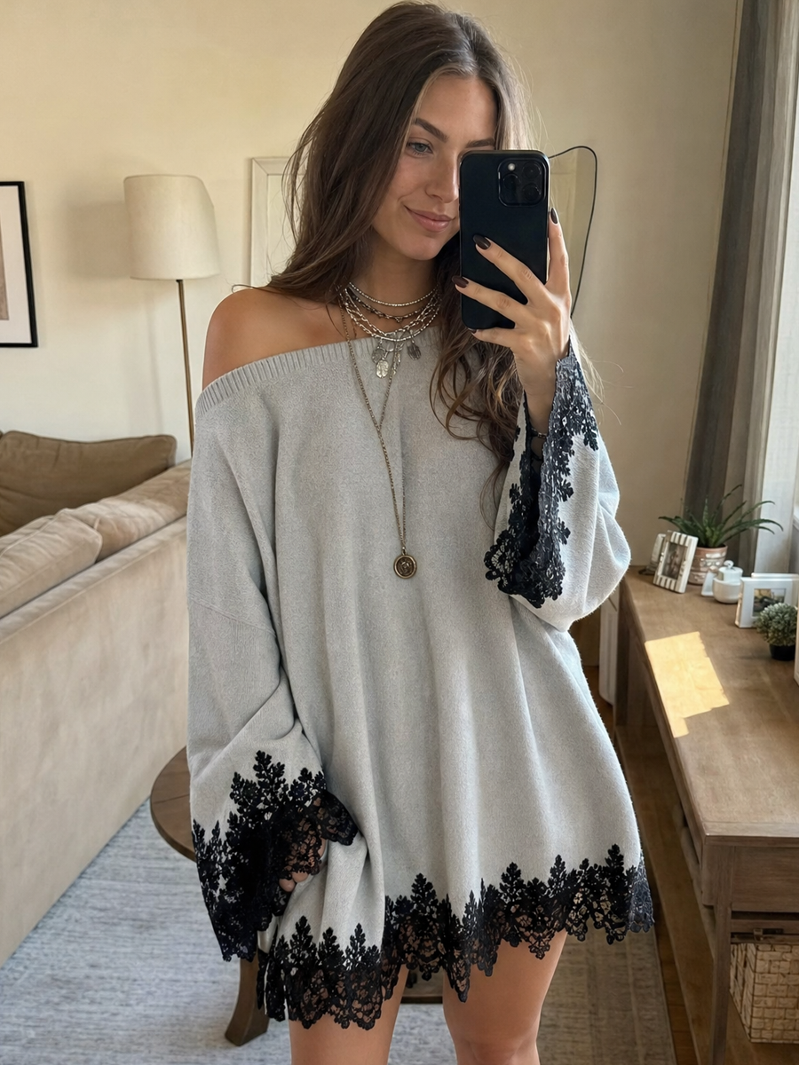 Soft Gray Knitted Lace Hem Mini Dress