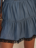 Washed Blue Button-Front Smocked-Waist Tiered Lace-Hem Long Sleeve Mini Dress