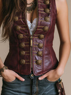 Vintage Military-style Buttons Faux Leather Vest