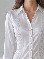 Ivory Satin Lace Panel Button-Front Shirt