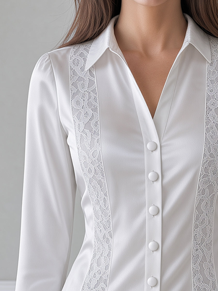 Ivory Satin Lace Panel Button-Front Shirt