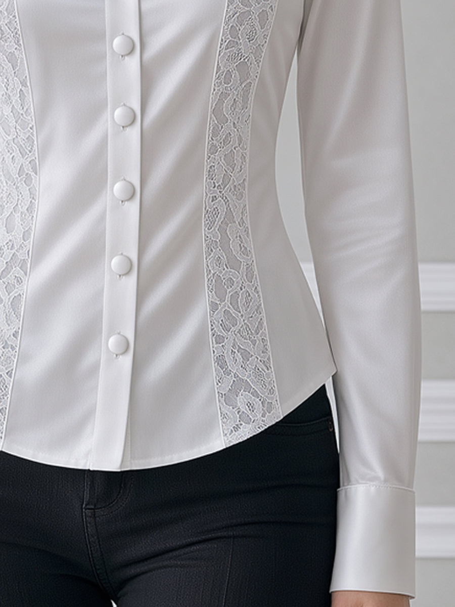 Ivory Satin Lace Panel Button-Front Shirt