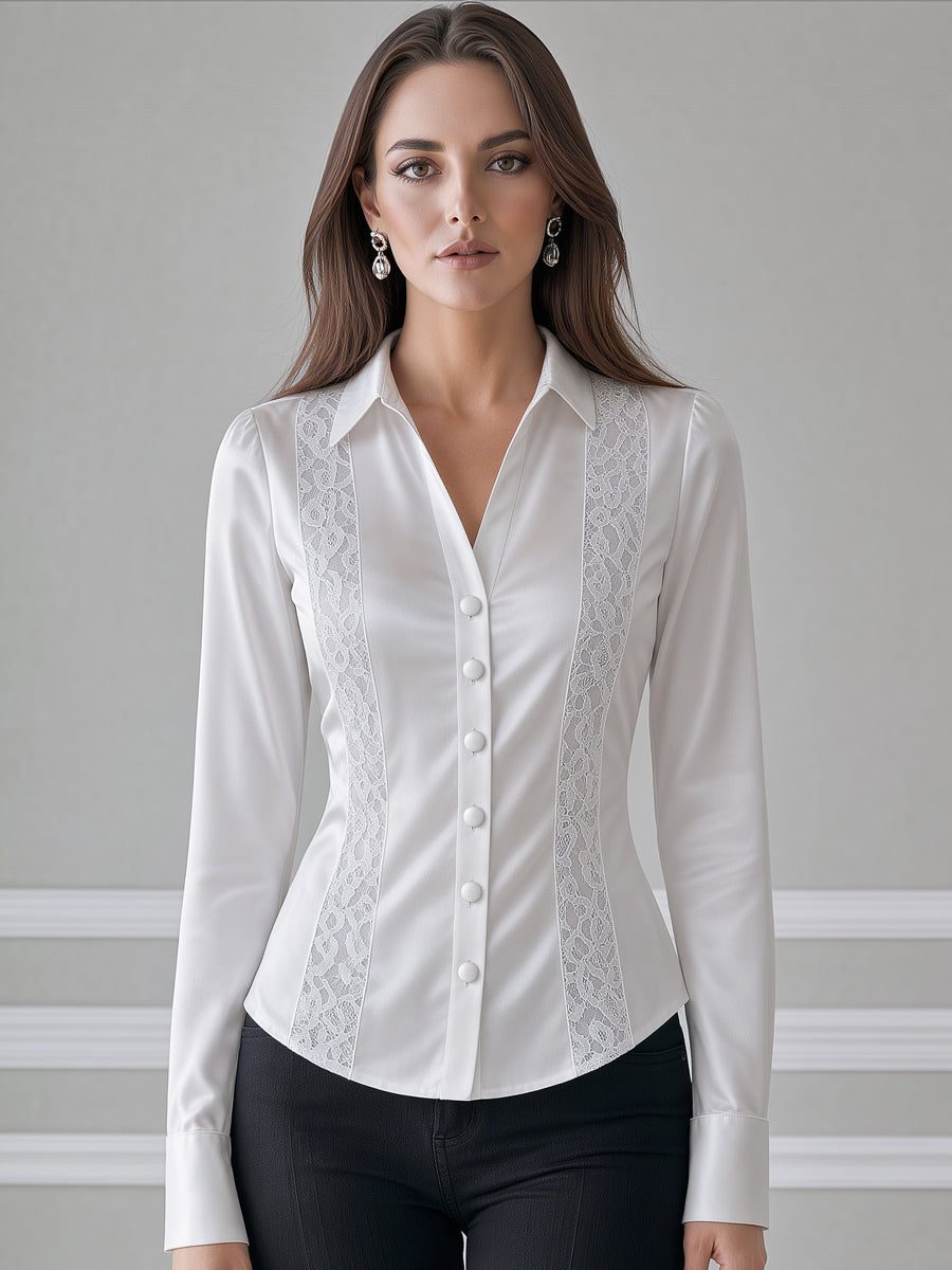 Ivory Satin Lace Panel Button-Front Shirt