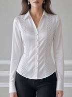 Ivory Satin Lace Panel Button-Front Shirt